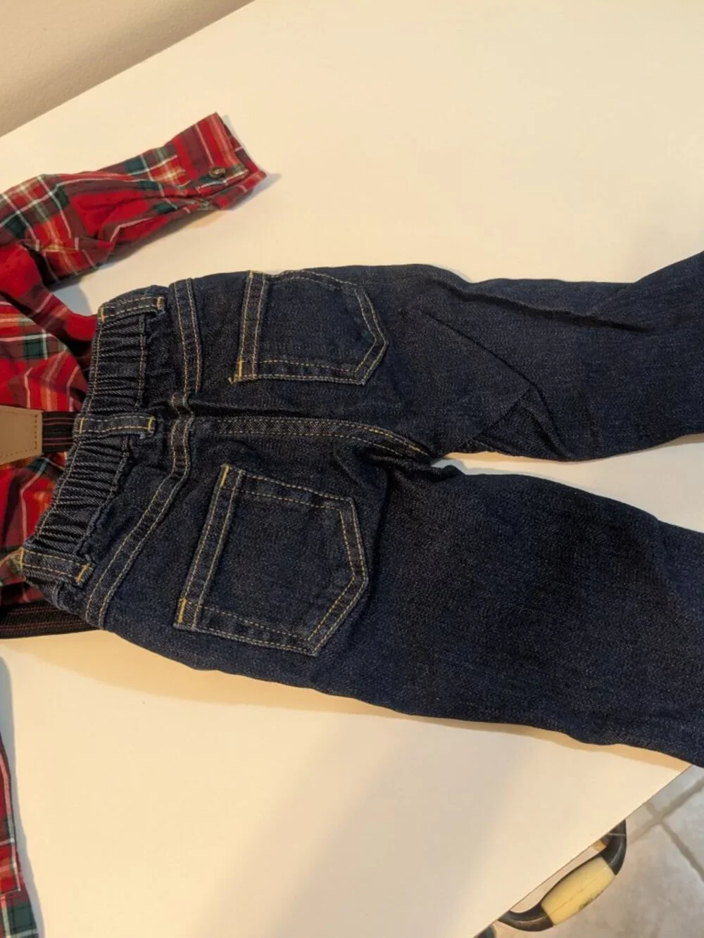 Baby Boy 3-piece red plaid shirt and denim suspender pant set, size 6 months